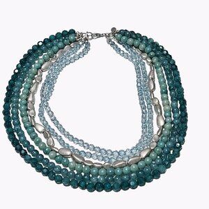 Retro Beaded Multi Strand Choker Necklace Teal Silver Beads Fashion Jewelry